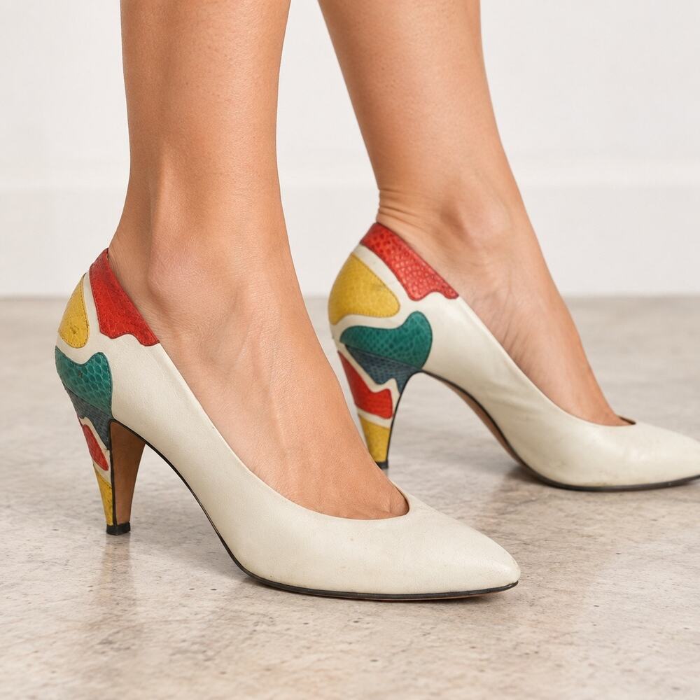 Vintage Italian Leather Pumps 8.5 Colorblock Patchwork 3.5" Heels